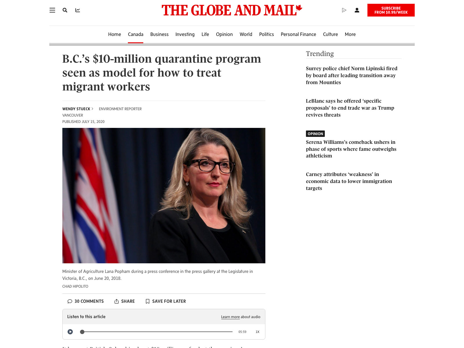 The Globe and Mail article clipping